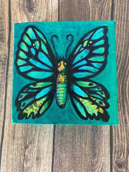 PAINTING- Butterfly on Teal 4"/10cm square mini original painting of a butterfly on a teal background, by Adriana Bergstrom