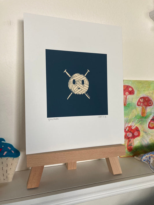 PRINT - Knitting Yarn Skull and Crossbones art print featuring art by Adriana Bergstrom (Adriprints)