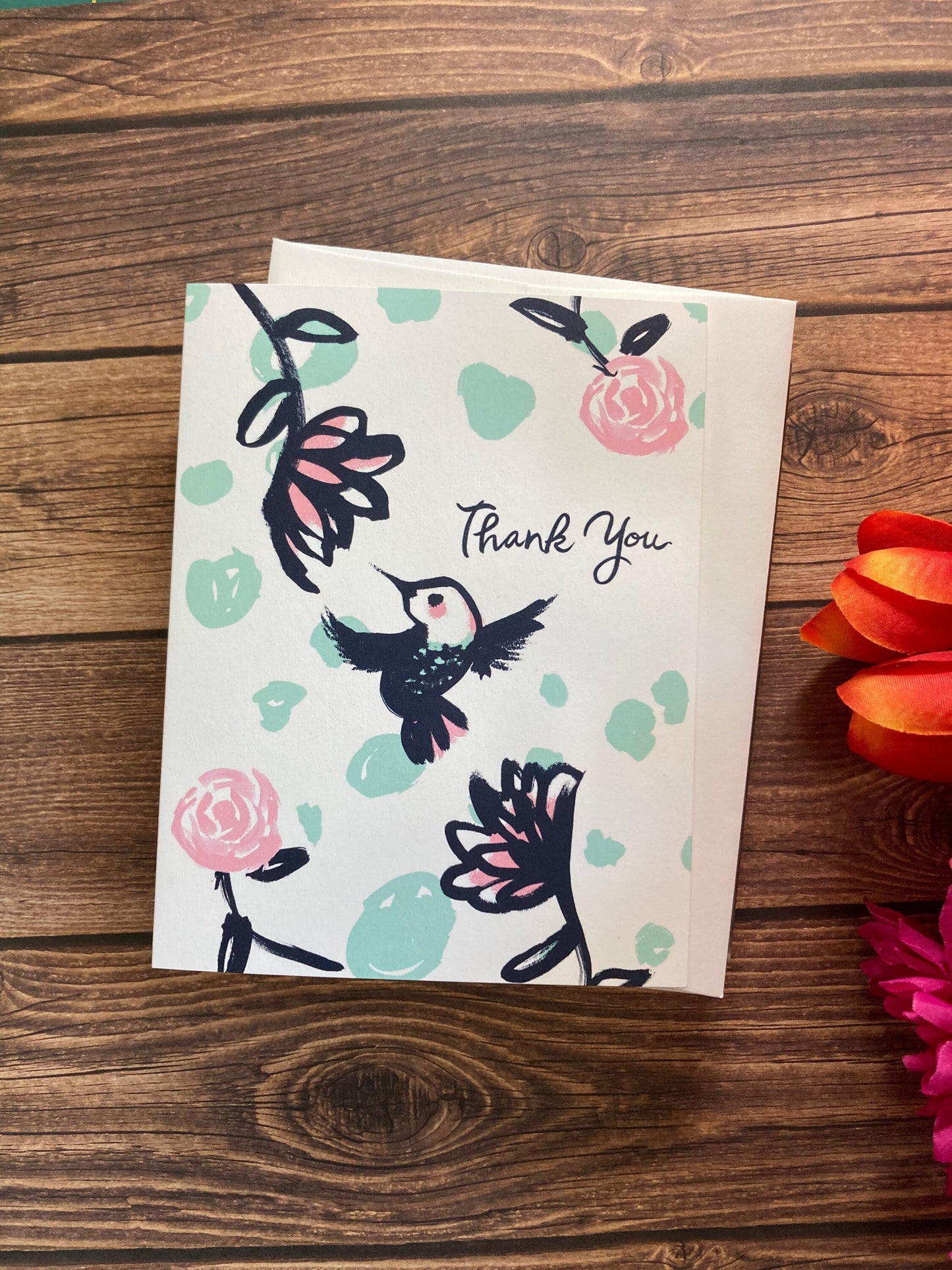 THANKS - Navy and Pink Hummingbird Notecard - appreciation, gratitude, Eco-Friendly Notecards by Adriana Bergstrom (Adriprints)