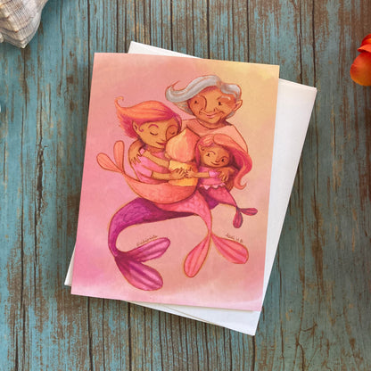 LOVE - Mermaid Family - Greeting Card for Mom, Sister, Grandma, Friends, eco-friendly notecards by Adriana Bergstrom (Adriprints)