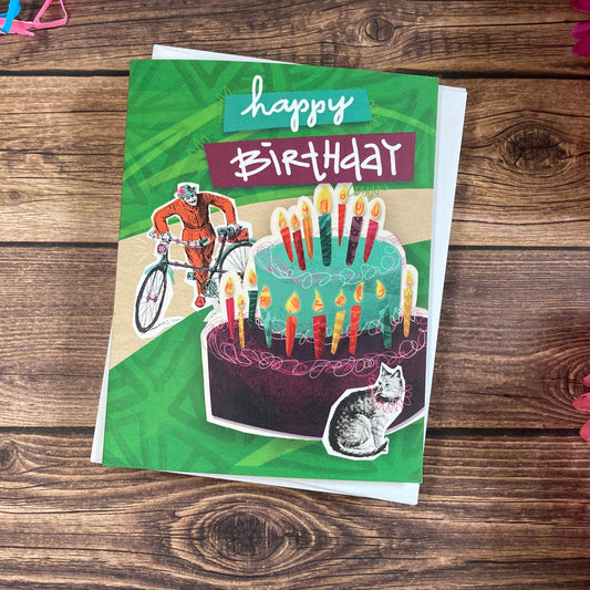BIRTHDAY - Bike and Cat birthday card - featuring collage art by Adriana Bergstrom