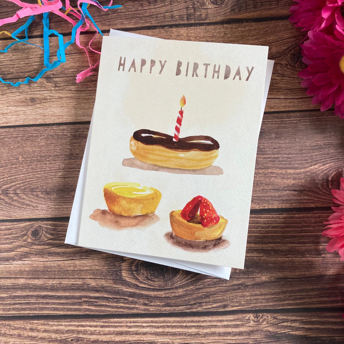 BIRTHDAY - Petit Fours Chocolate Eclair Birthday card - watercolor art by Adriana Bergstrom