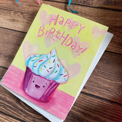 BIRTHDAY - Swirly Pink Cupcake sweet birthday card - featuring art by Adriana Bergstrom