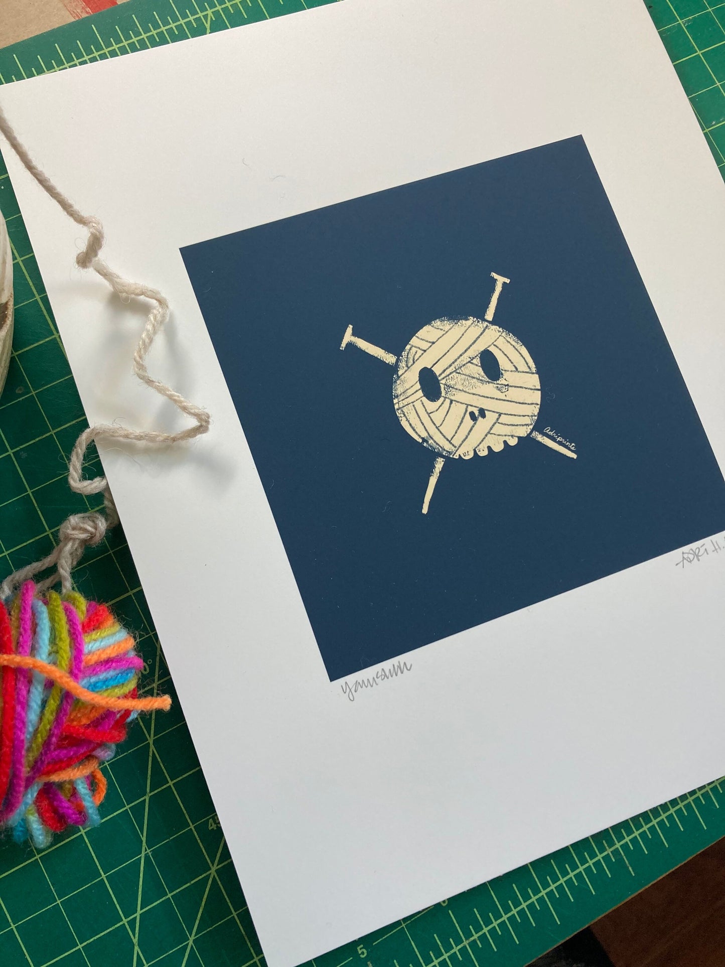 ART PRINT - Knitting Yarn Skull and Crossbones art print featuring art by Adriana Bergstrom (Adriprints)