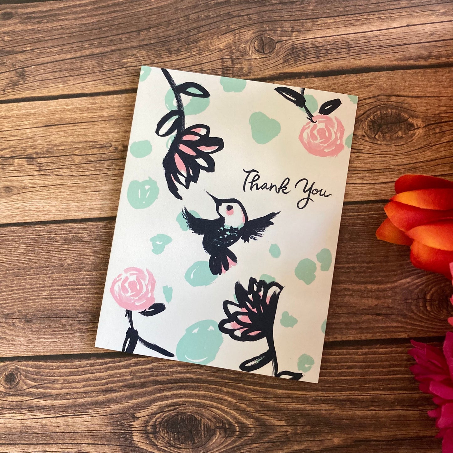THANKS - Navy and Pink Hummingbird Notecard - appreciation, gratitude, Eco-Friendly Notecards by Adriana Bergstrom (Adriprints)