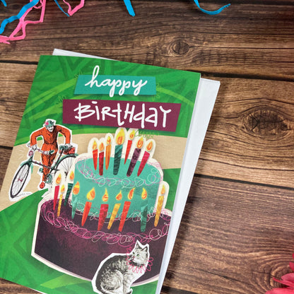 BIRTHDAY - Bike and Cat birthday card - featuring collage art by Adriana Bergstrom