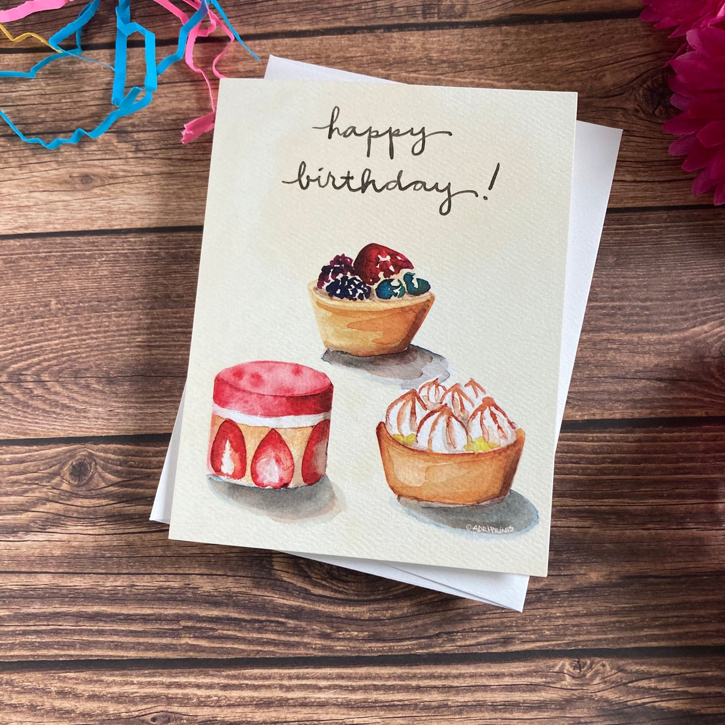 BIRTHDAY - Fruit Tarts Petit Fours Birthday card - watercolor art by Adriana Bergstrom