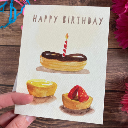 BIRTHDAY - Petit Fours Chocolate Eclair Birthday card - watercolor art by Adriana Bergstrom