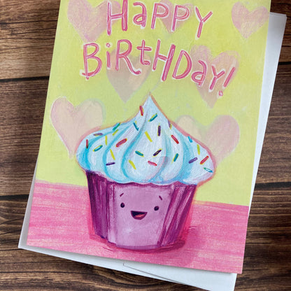 BIRTHDAY - Swirly Pink Cupcake sweet birthday card - featuring art by Adriana Bergstrom